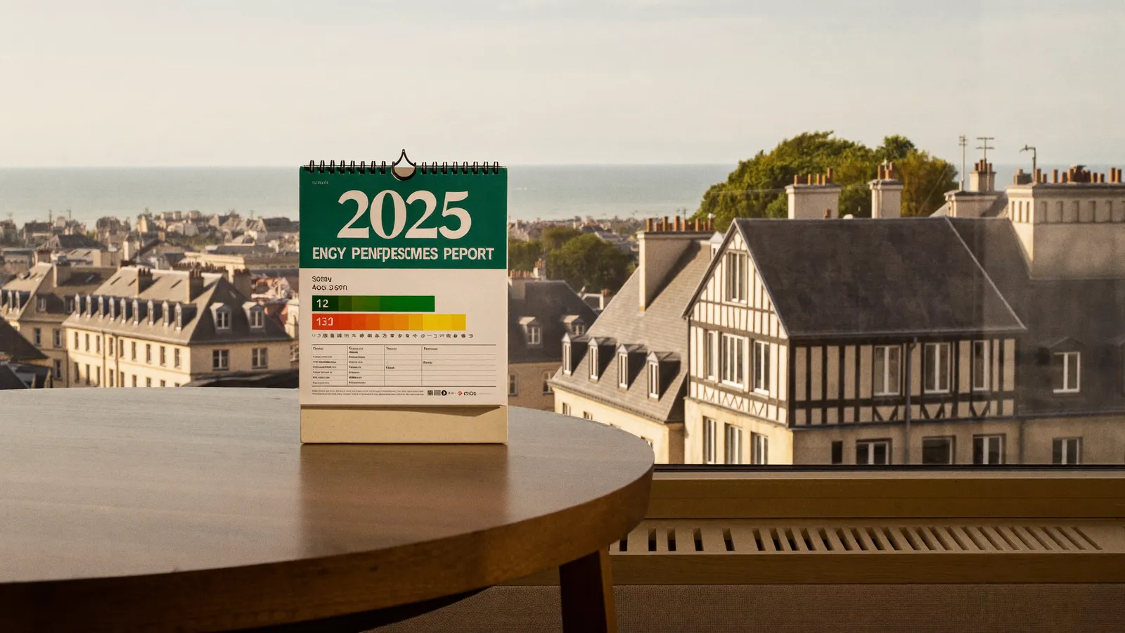 Calendrier 2026 et rapport de DPE posés sur une table devant une fenêtre donnant sur des toits d'ardoise rennais