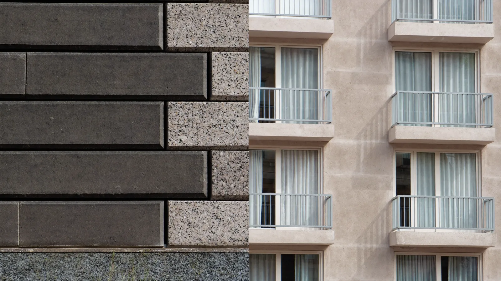 Détail de murs en schiste et granite d'une maison ancienne rennaise à côté d'un immeuble des années 1970